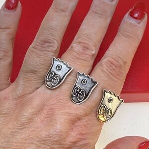 Gucci Mens Ghost Sterling Silver Triple Motif Two Finger Ring Sz 9 & 10